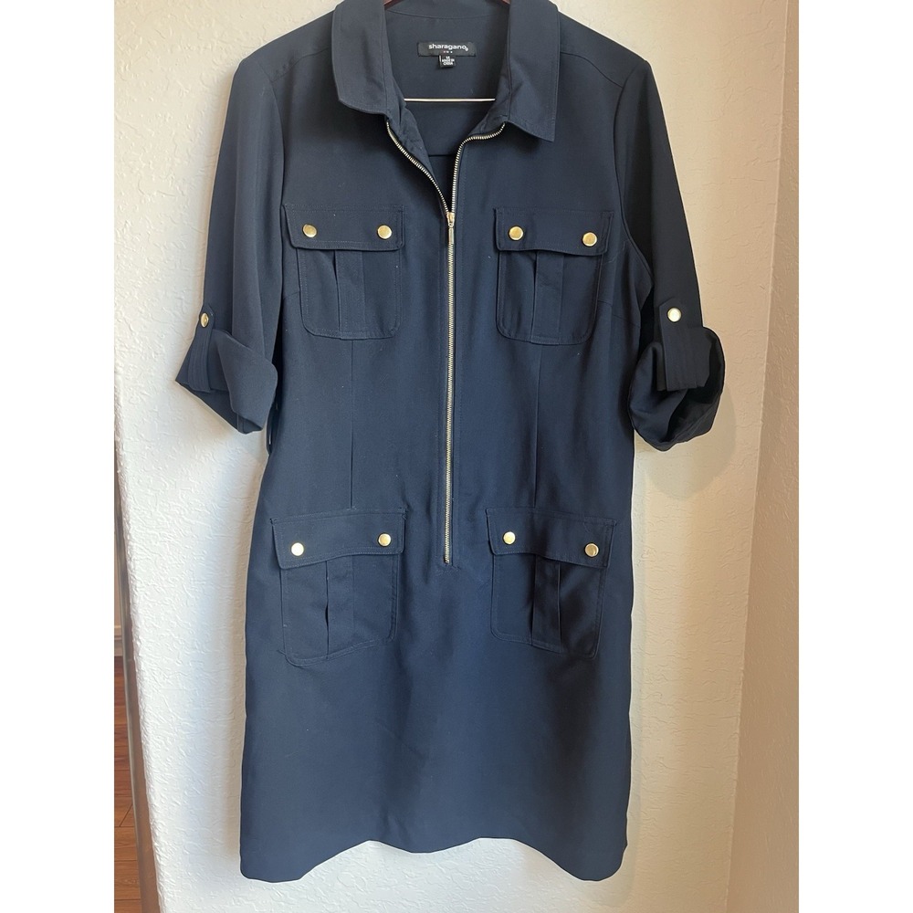 Sharagano Shirt Dress Women's 14 Black Front Zipper Closure W/ Pockets